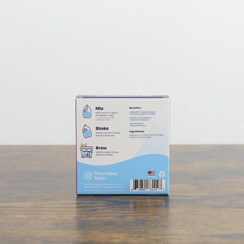 Back view of espresso water mineral box with brewing instructions