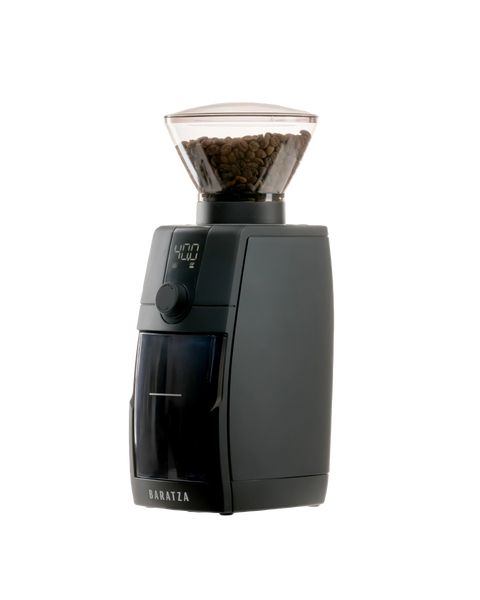 Baratza Encore ESP Pro in black with bean hopper, angled front view