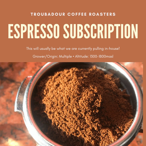 Troubadour Coffee Roasters Espresso Coffee Subscription with freshly ground espresso