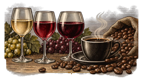 Illustration of three wine glasses beside cups of coffee, representing coffee flavor matching