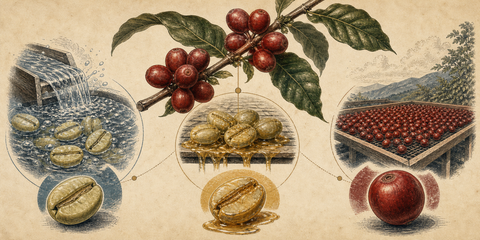 Illustrated comparison of washed, honey, and natural coffee processing