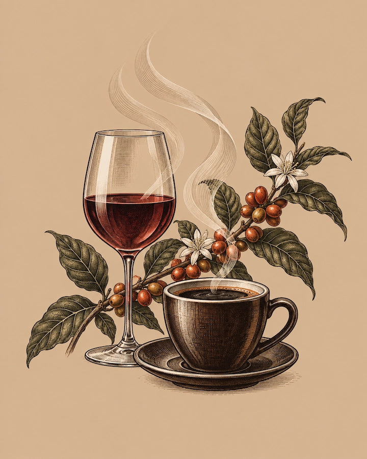 Three styles of wine shown alongside three distinct cups of coffee