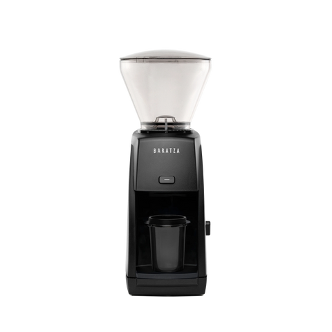 Baratza Encore ESP in black, front view with dosing cup
