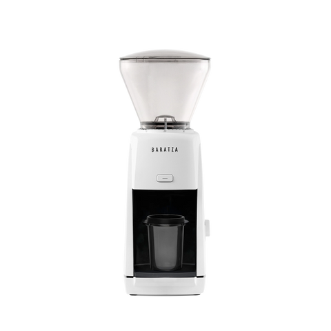 Baratza Encore ESP in white, front view with dosing cup